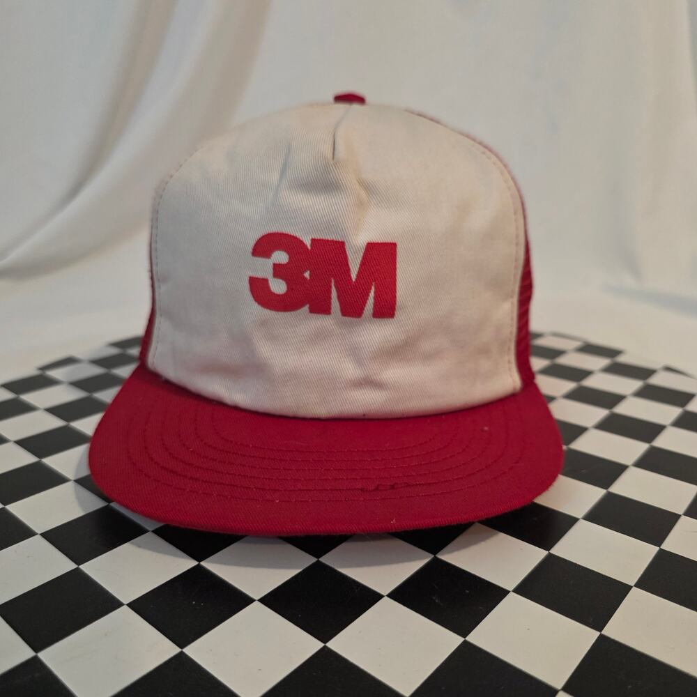Vintage 80s‎ 3M Logo Red White Foam Mesh Snapback Trucker Hat Made in USA